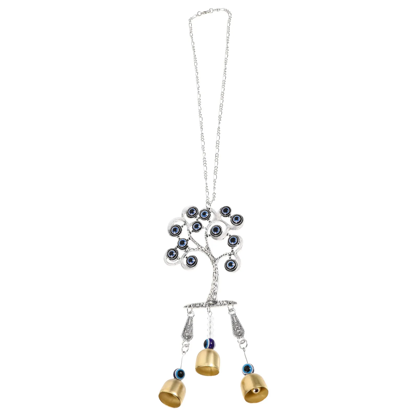 Turkish Blue Evil Eye Hanging Ornament Tree Shape with Bells Metal Car Home Office Wall Decor Protection Charm Spiritual Jewelry