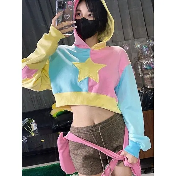 Long Sleeve Vintage Crop Hoodies Femme Contrast Patchwork Sweatshirt 2024 Autumn Harajuku Y2k Pullover Loose Women All Match Top