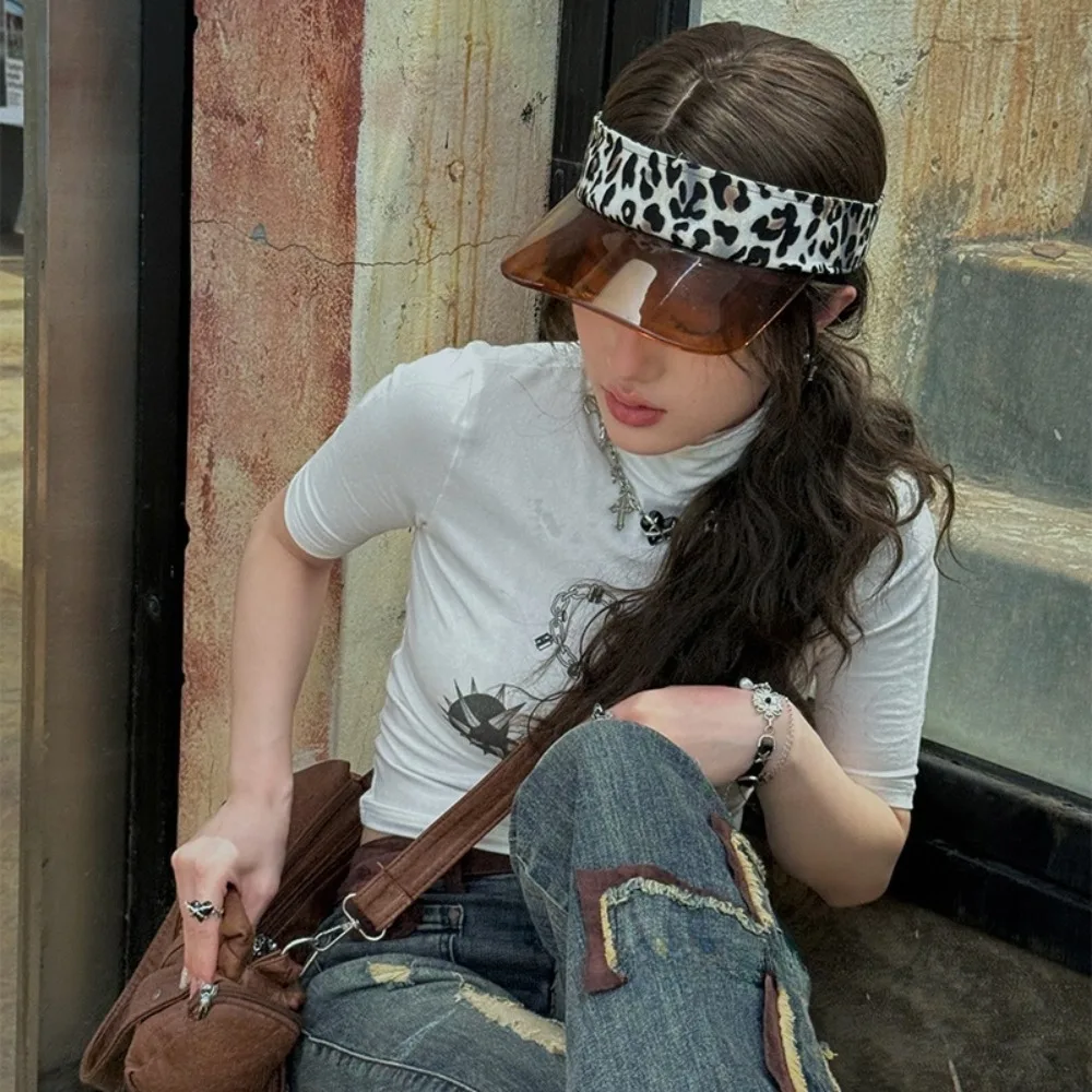 

Fashion UV Protection Leopard Print Visor Cap Solid Color Sunscreen Transparent Hollow Hat Adjustable Cool Sun Hat Summer