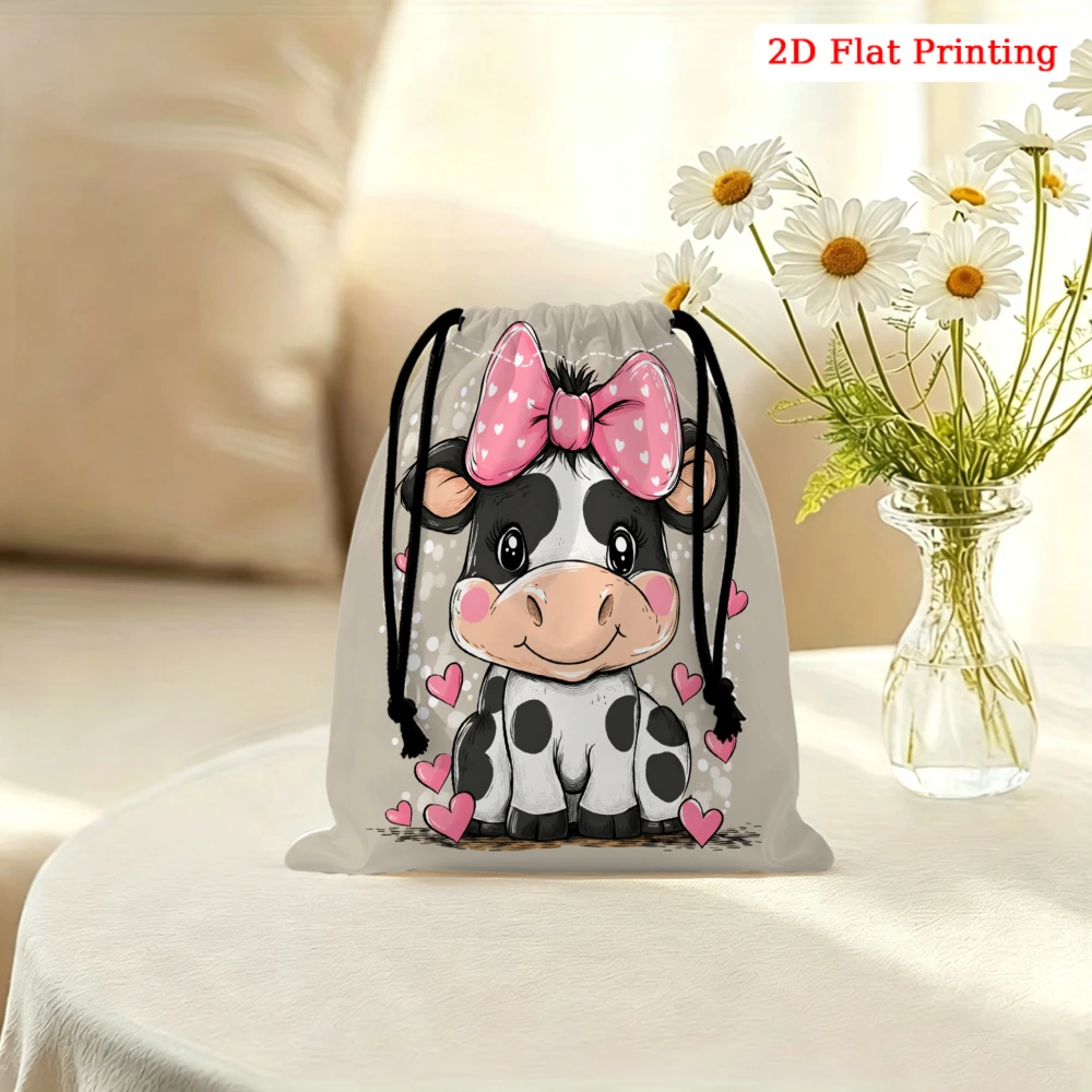 1pc Cartoon Cow Print Drawstring Bag White Pink Bow Heart Pattern Storage Small Pouch For Travel Cosmetics Jewelry Organizer Gif