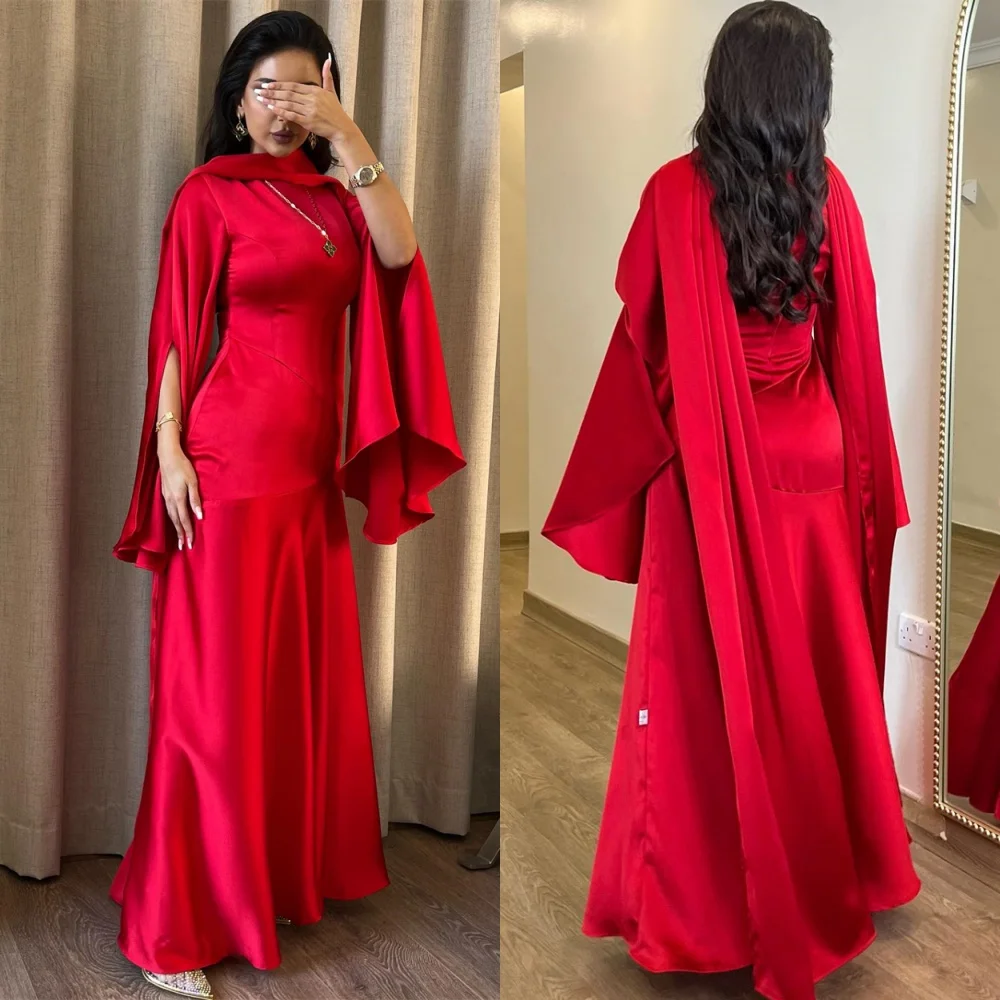 

Customized Sparkly Red Satin Evening Dress Exquisite Long Sleeves Prom Dresses Luxury Sweep Train Special Occasion Gowns