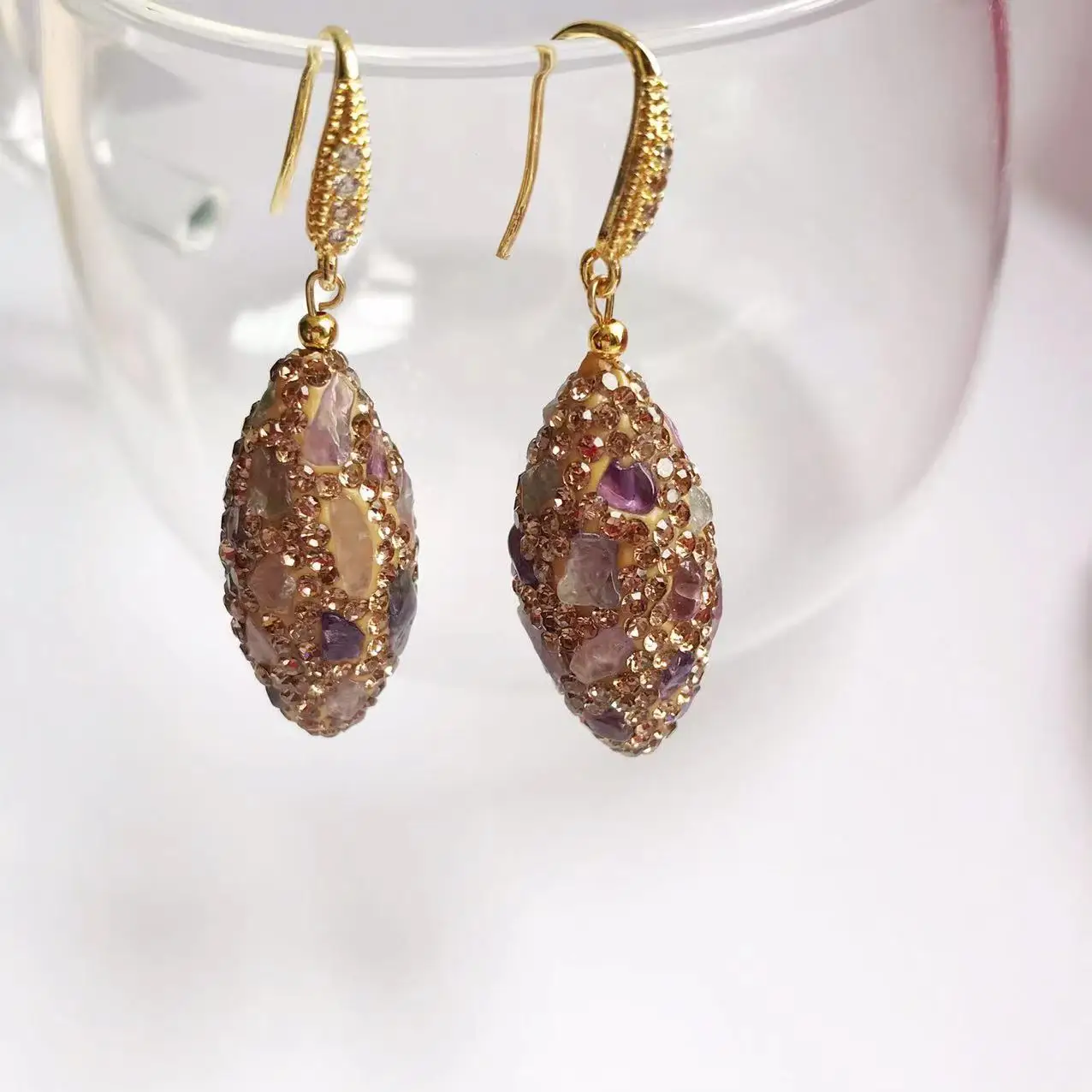 Cross-border exclusive purple olive handmade tourmaline Czech diamond earrings, stud earrings, ear hooks S925 silver needles, no