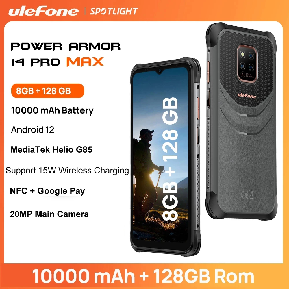 Ulefone Power Armor 14 Pro Rugged Phone Android 12 Mobile Helio G85 Octa Core 8+128GB 6.52'' Screen 10000mAh Smartphone NFC