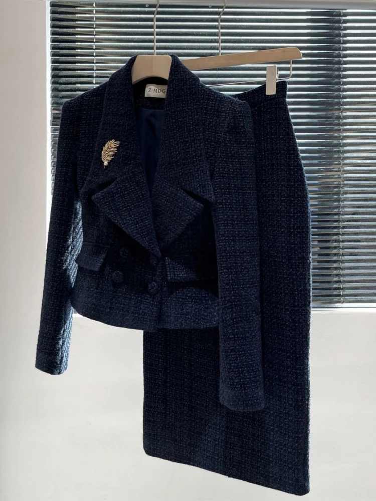 

Luxury Brand Autumn Trendy Tweed Set 2 Piece Elegant Office Formal Suit Women Notch Collar Double Breasted Jacket Midi Skirt Set