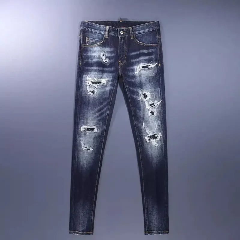 High Street Jeans pria Fashion celana Jeans pria Retro biru melar Slim Fit robek lubang pria desainer tambalan merek Hip Hop Hombre