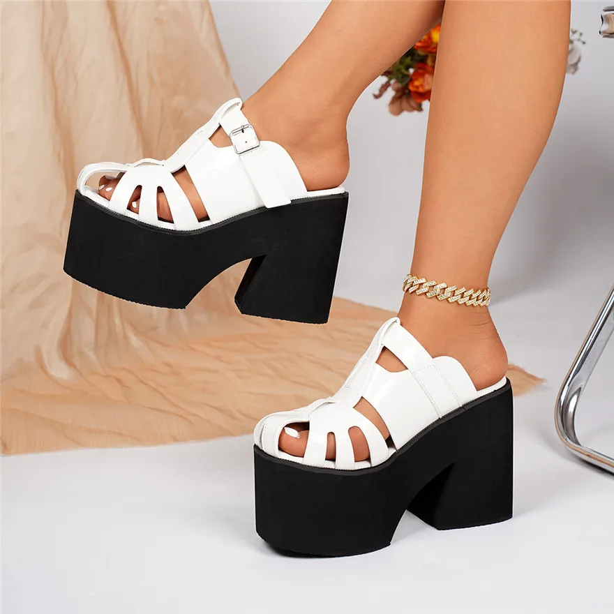 Women Fashion Thick Sole Buckle Flip Flops Patent Leather Hollow Baotou Casual Shoes High Heels Female Platform Outdoor Slippers view 3