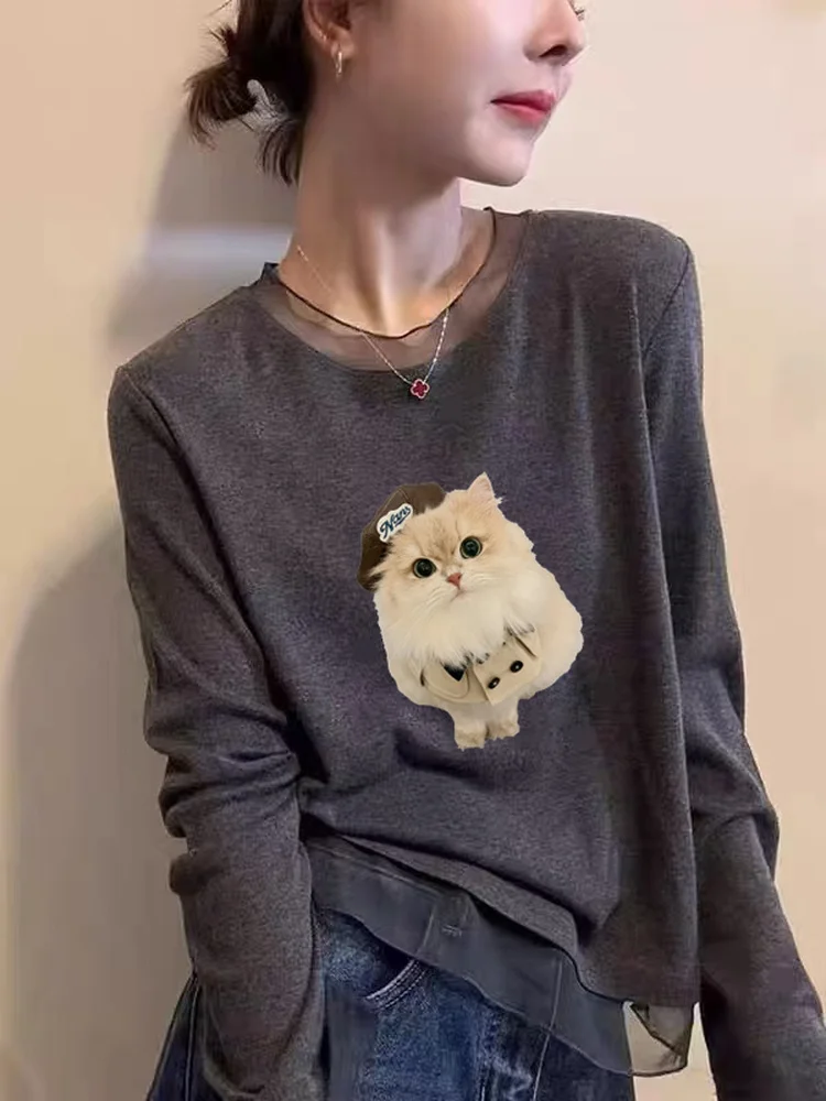 Fashionable Long Sleeve T-Shirt Women's Mesh Lace under Shirt Korean Style Autumn Winter New Arrival Slimming Top Commute Style