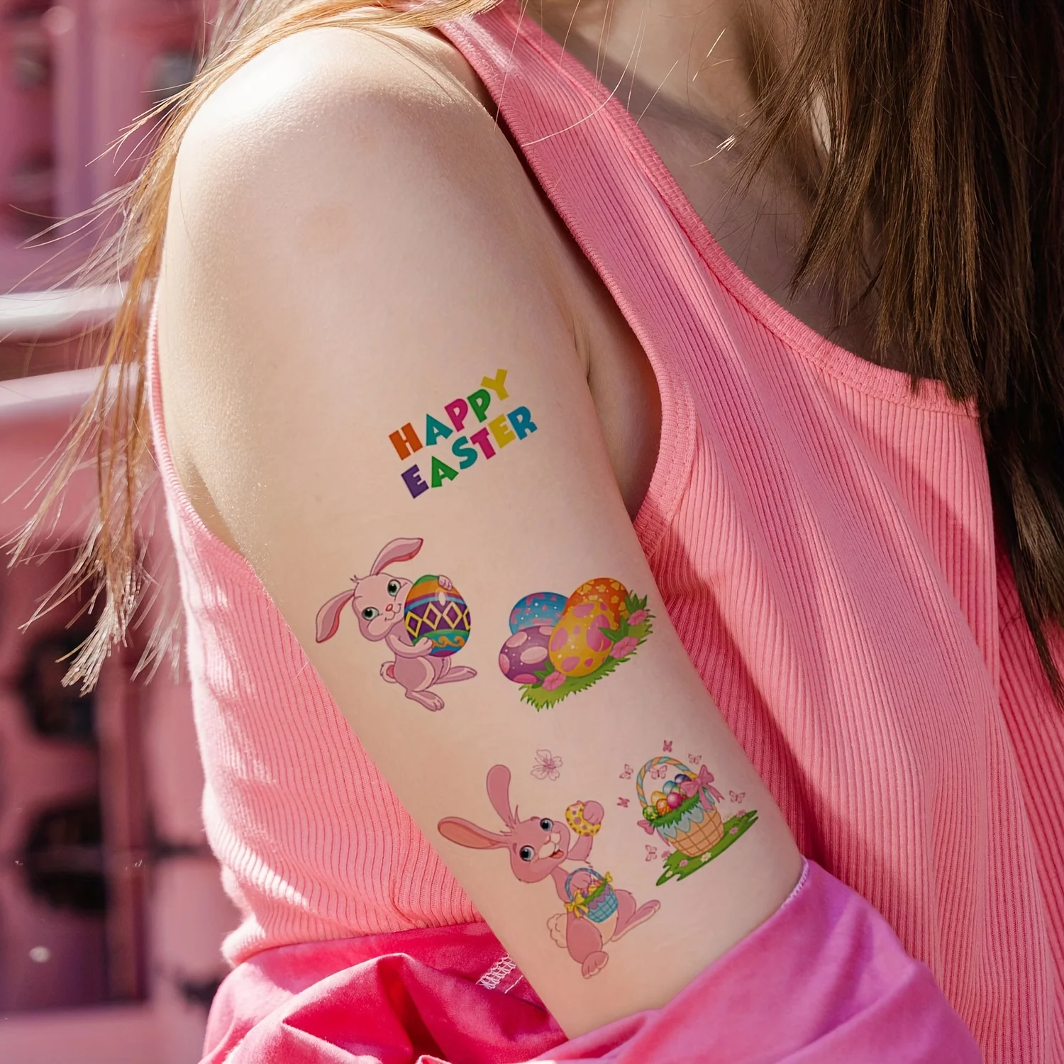 Tatuagem temporária Páscoa adesivos, ovos de Páscoa coelhos bonitos, decoração do festival, 10 desenhos animados