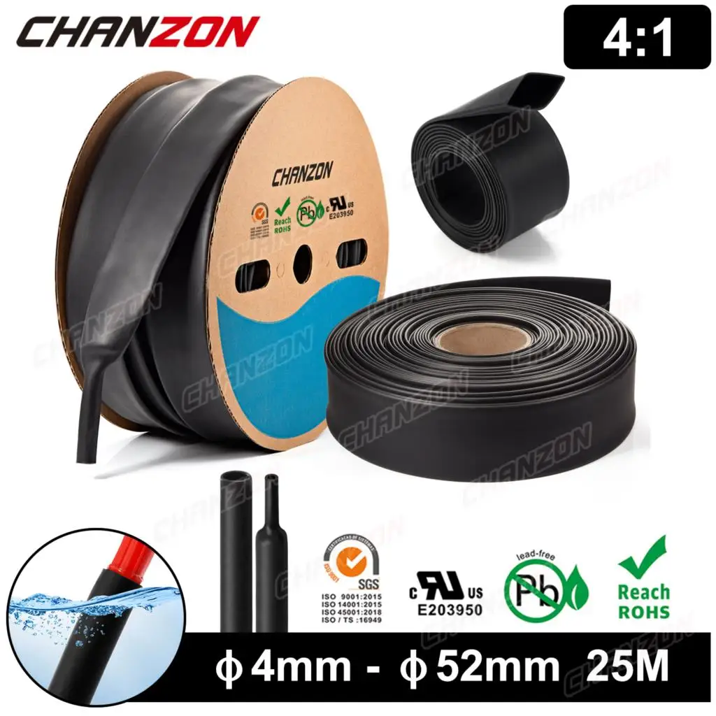 

25M/Roll 4:1 Φ4mm-Φ52mm Heat Shrink Tube Adhesive Lined Double Wall Glue Marine Grade Waterproof Wrap Wire Tubing Cable Sleeve