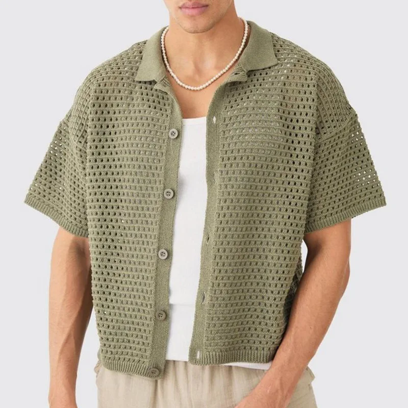 

Men's Casual Knitted Shirt Men's Summer New Item Solid Color Lapel Hollow Breathable Men's Short Sleeved Top Men Clothing