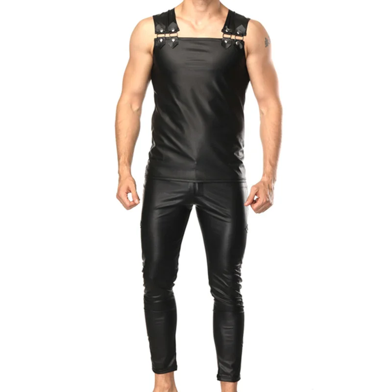 Mens Undershirts Patend Leather Vest Sleeveless T-shirts Nightclub Tank Top Faux Leather Stage Dance Skinny Pants Or Clothes Set