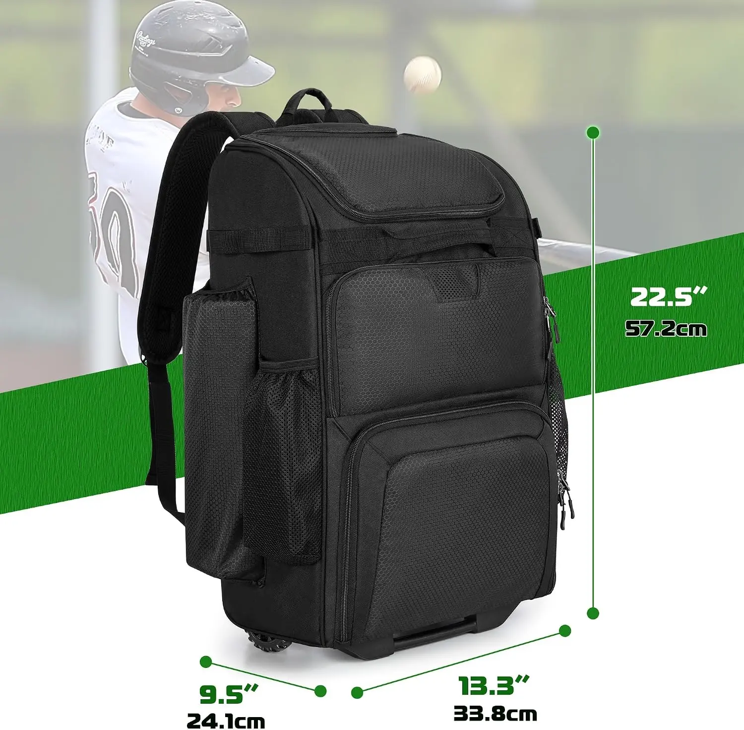 Rolling Baseball Backpack With Wheels Heavy Duty Softball Gear Equipment Bag Holds Four Bats With Shoe Compartment Fence Hook And Detachable Straps Portable Sports Backpack Black view 6
