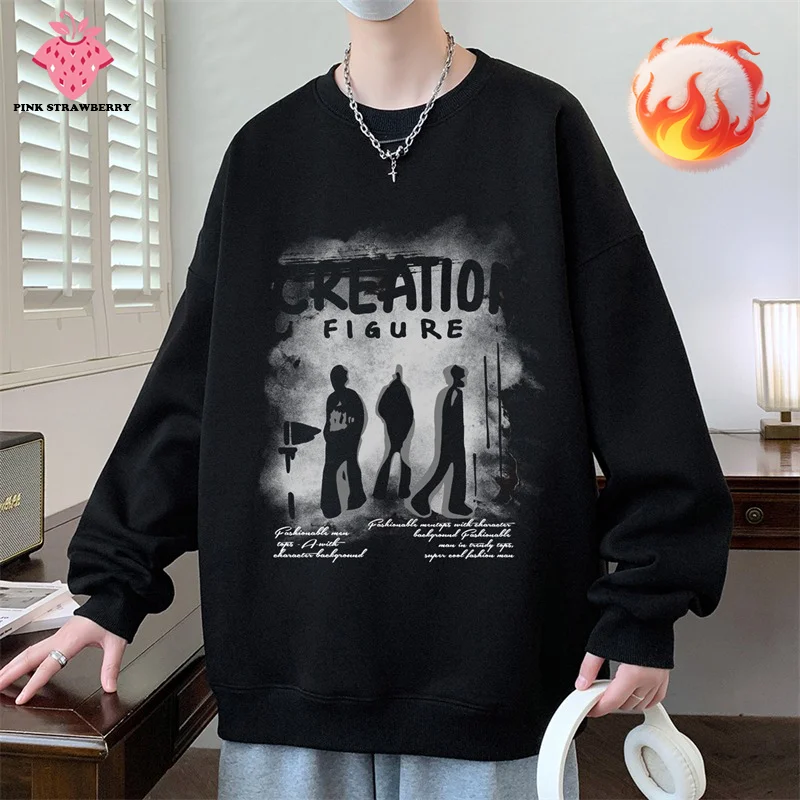 

American Street Plush Sweatshirt T-shirt Men Autumn Winter 2025 New Oversize Loose Long sleeves Pullover Y2K Top Men Warm Hoodie