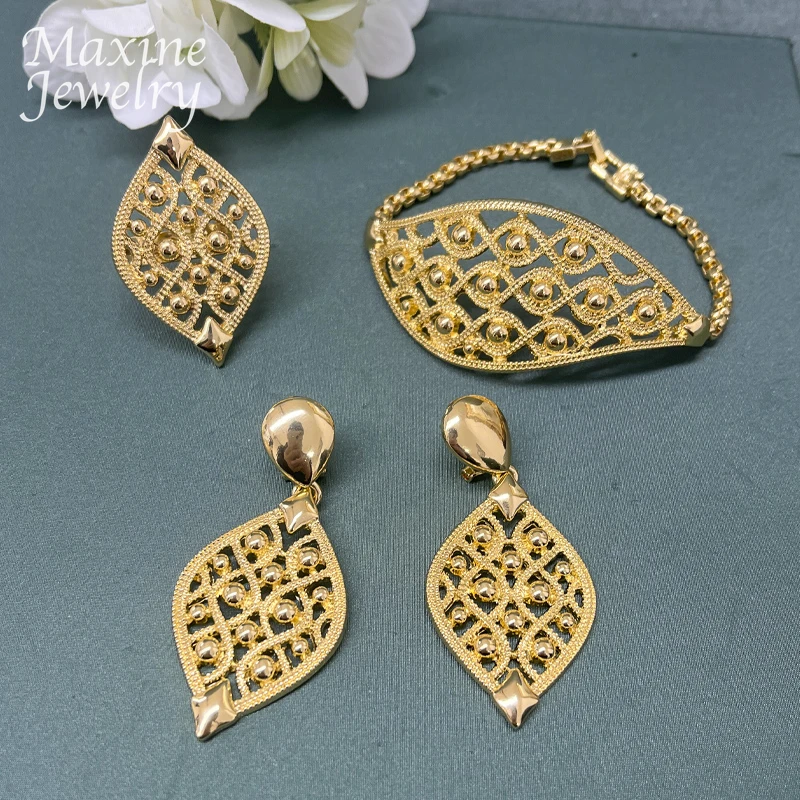 Dubai 24K Gold Plated Jewelry Set Beautiful Necklace Earrings Bracelet Rings Fashion Luxury Female Wedding Party Gift for Women