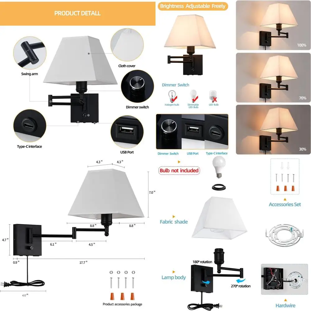 

Adjustable Swing Arm Wall Lamp with Fabric Shade, Dimmer Switch, USB & Type-C Ports, Ideal for Home and Hotel Rooms