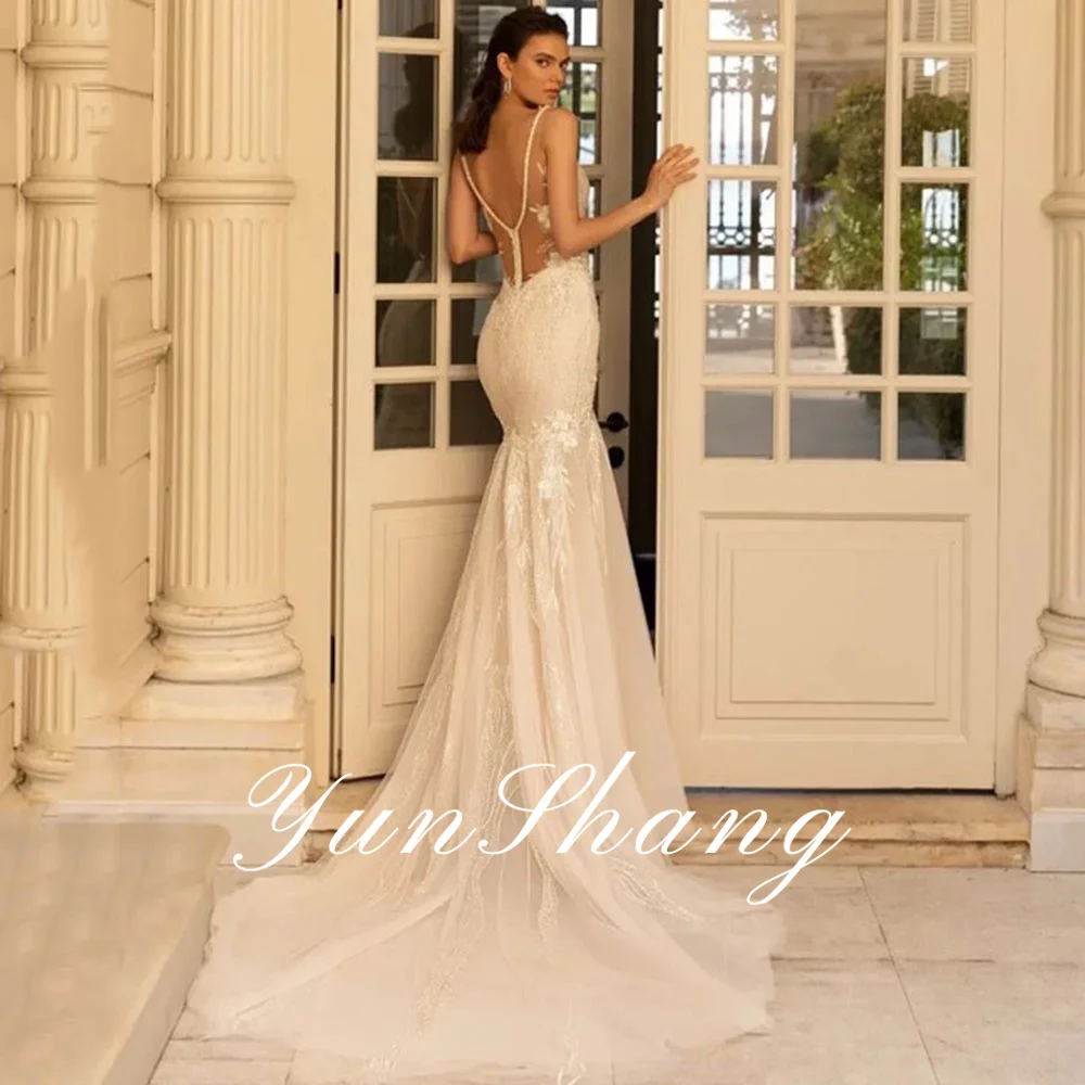 Luxury Deep V-Neck Mermaid Wedding Dress For Women Lace Appliques Sleeveless Sexy Backless Bride Gown Weep Train Robe de Mariée