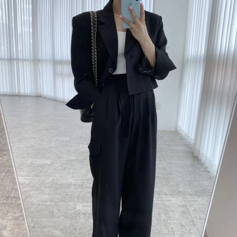 Women\'s Vintage Blazer Pants Suits Two Pieces Set Full Sleeved Short Blazers & Lacing Up High Waist Long Wide Leg Trousers