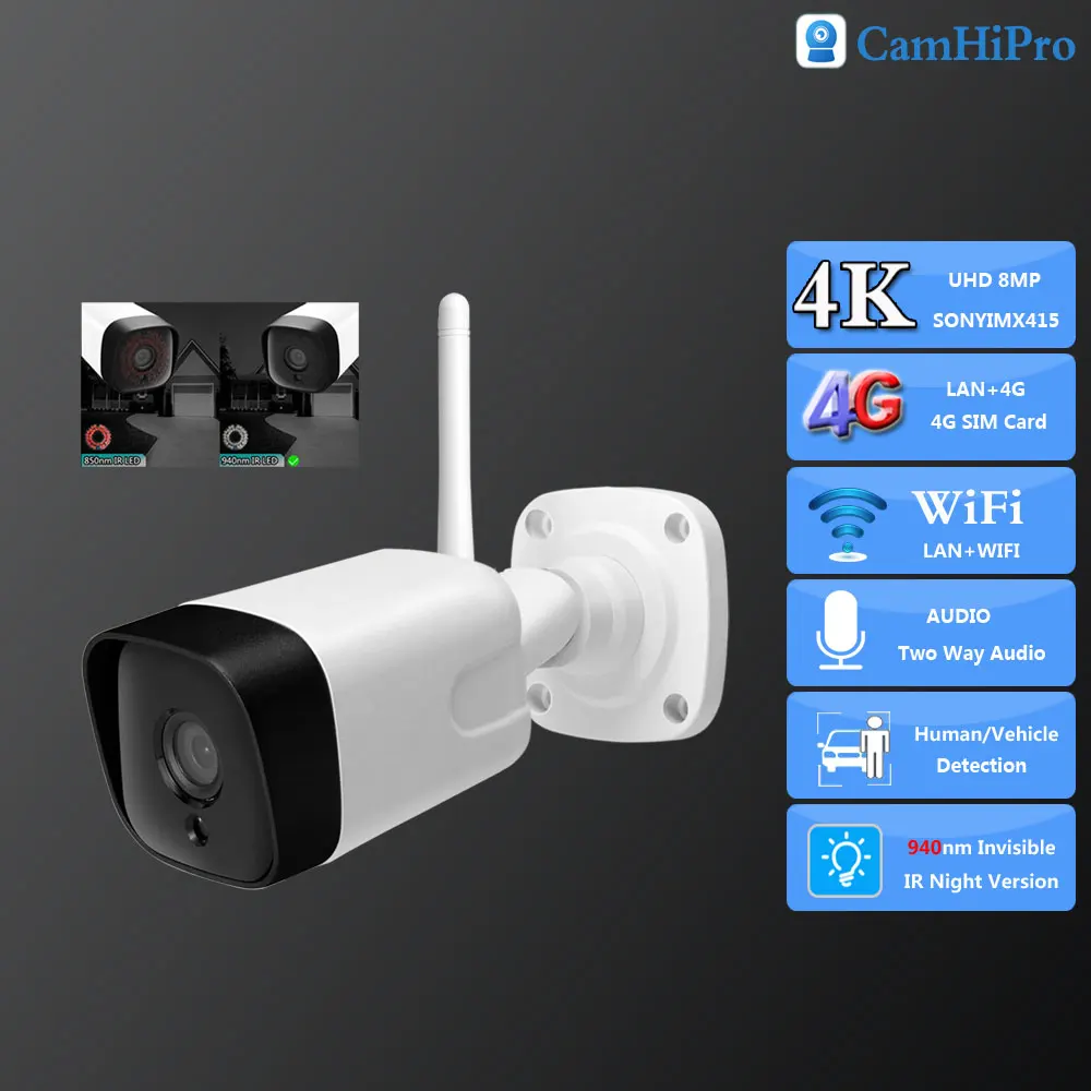 

So-ny415 8MP 4K 4G SIM Card Wireless Security Wifi камера 3.6mm Two Way Audio 940nm Invisible IR Led Human/Car alarm Outdoor