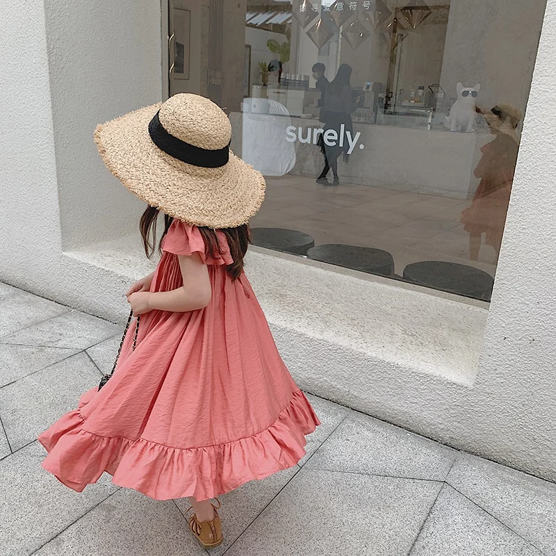 Children Summer Girls Casual Dress Solid Sleeveless Patchwork Ruffles Girls Dresses Clothes Square Collar Folds Princess Dress