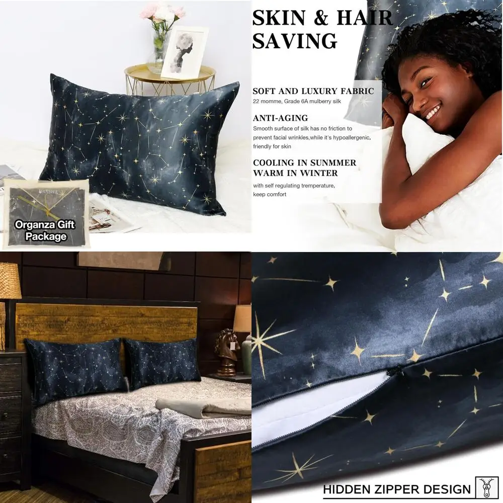 أغطية وسائد من حرير التوت 100% بحجم كوين مع نمط السماء المرصعة بالنجوم الزرقاء، 22 مومي، 20 × 30 للعناية بالبشرة والشعر
