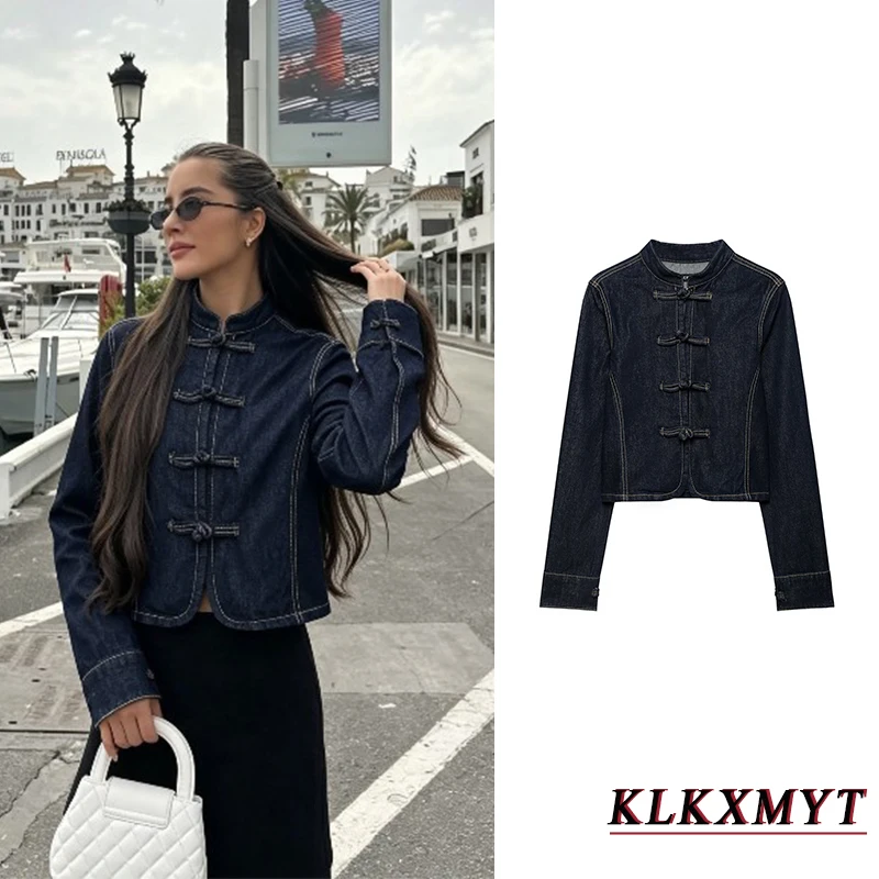 Women Autumn Fashion Denim Jacket Elegant Stand Collar Frog Button Coat Leisure Vintage Long Sleeve Hight Street Black Coat