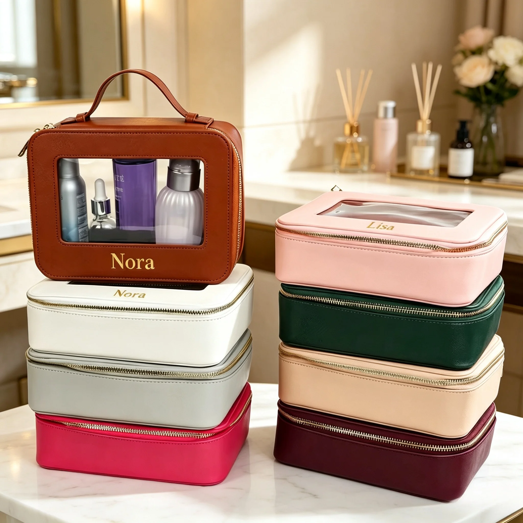 Customized Name Premium Leather Makeup Bag, Waterproof Makeup Brush Storage Bag, Portable Transparent PVC TPU Storage Bag