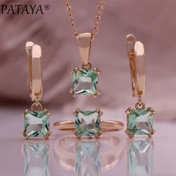 PATAYA Sparkling Square Green Natural Zircon Earrings Rings Pendant Necklace Women Luxury 585 Rose Gold Color Party Jewelry Sets