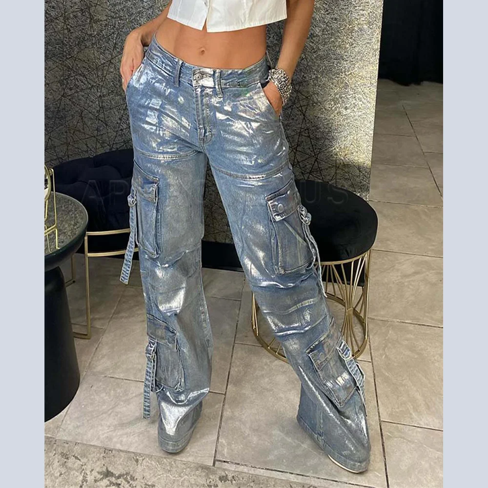 Y2k tasche dritte pantaloni Hip Hop Jeans a vita alta moda donna argento lucido stampa pantaloni larghi in Denim a gamba larga Streetwear