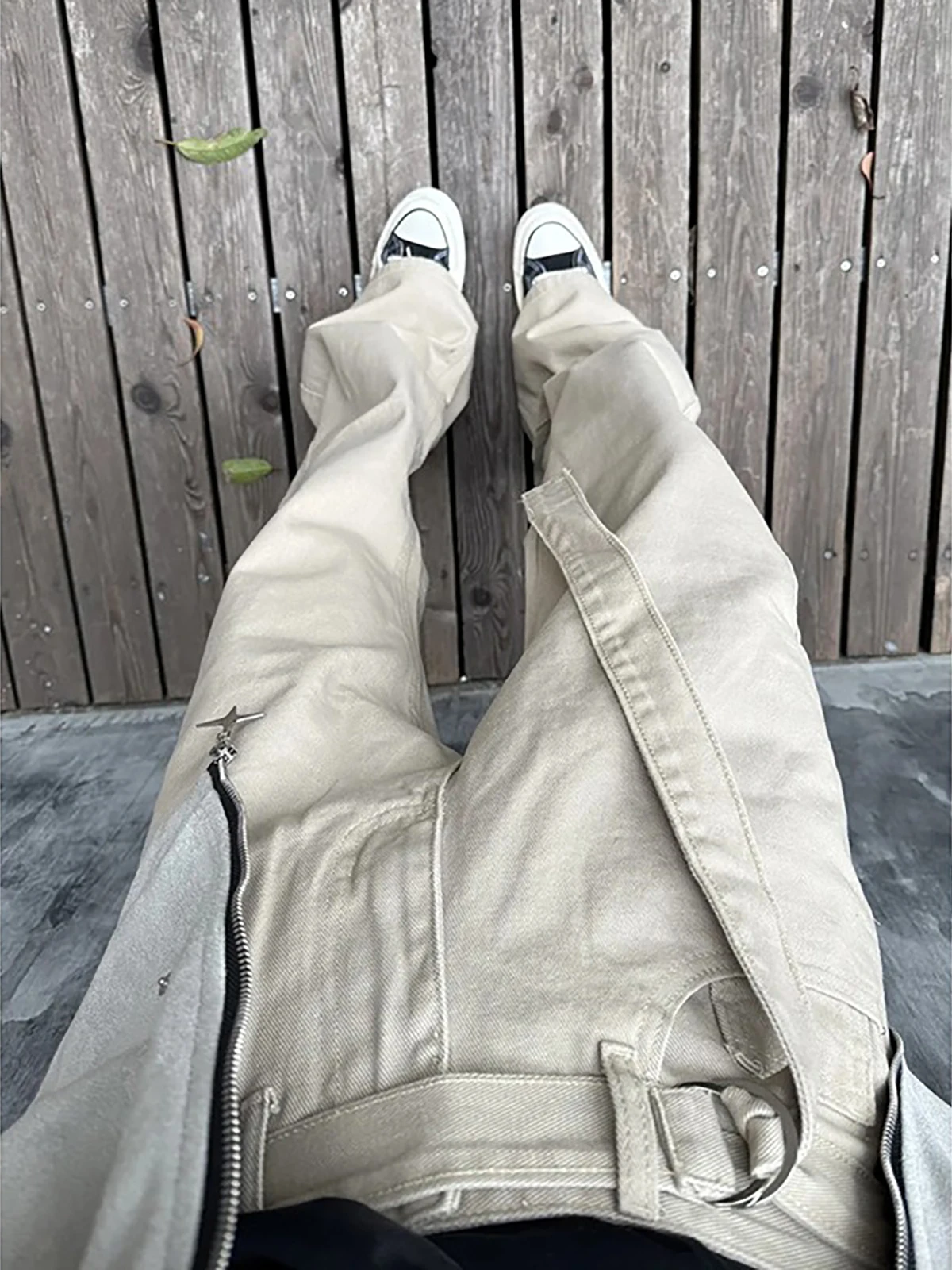 

American Retro Belted Knife Straight Leg Jeans Men's Spring High Street CleanFit Tawny Workwear Pants Casual Loose Fit