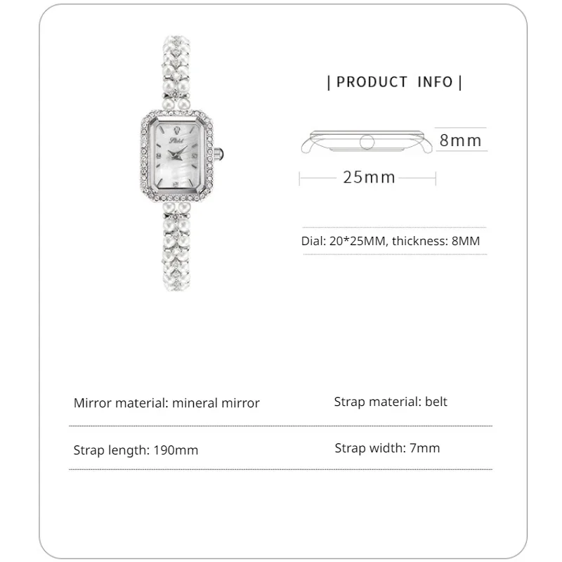 Small rectangular dial trend pearl strap women's white watch for girls watches for luxury accessories for women Quartz watches