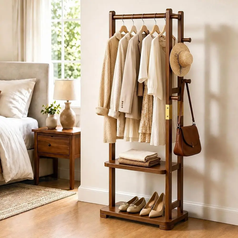 Coat Solid Wood Clothes with 2 Shees & 5 Hooks or Hanging Clothes Garment Wallets Hats, Clothing Coat reesta