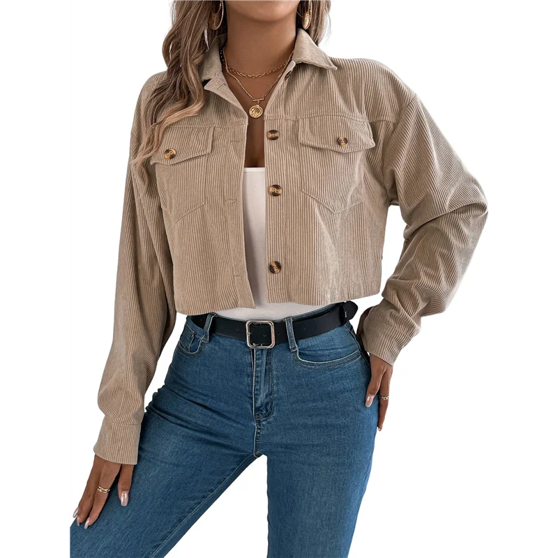 

ABRT-Womens Fashion Cropped Shackets Corduroy Button Down Crop Jackets Tops Long Sleeve Shirts Trendy 2025