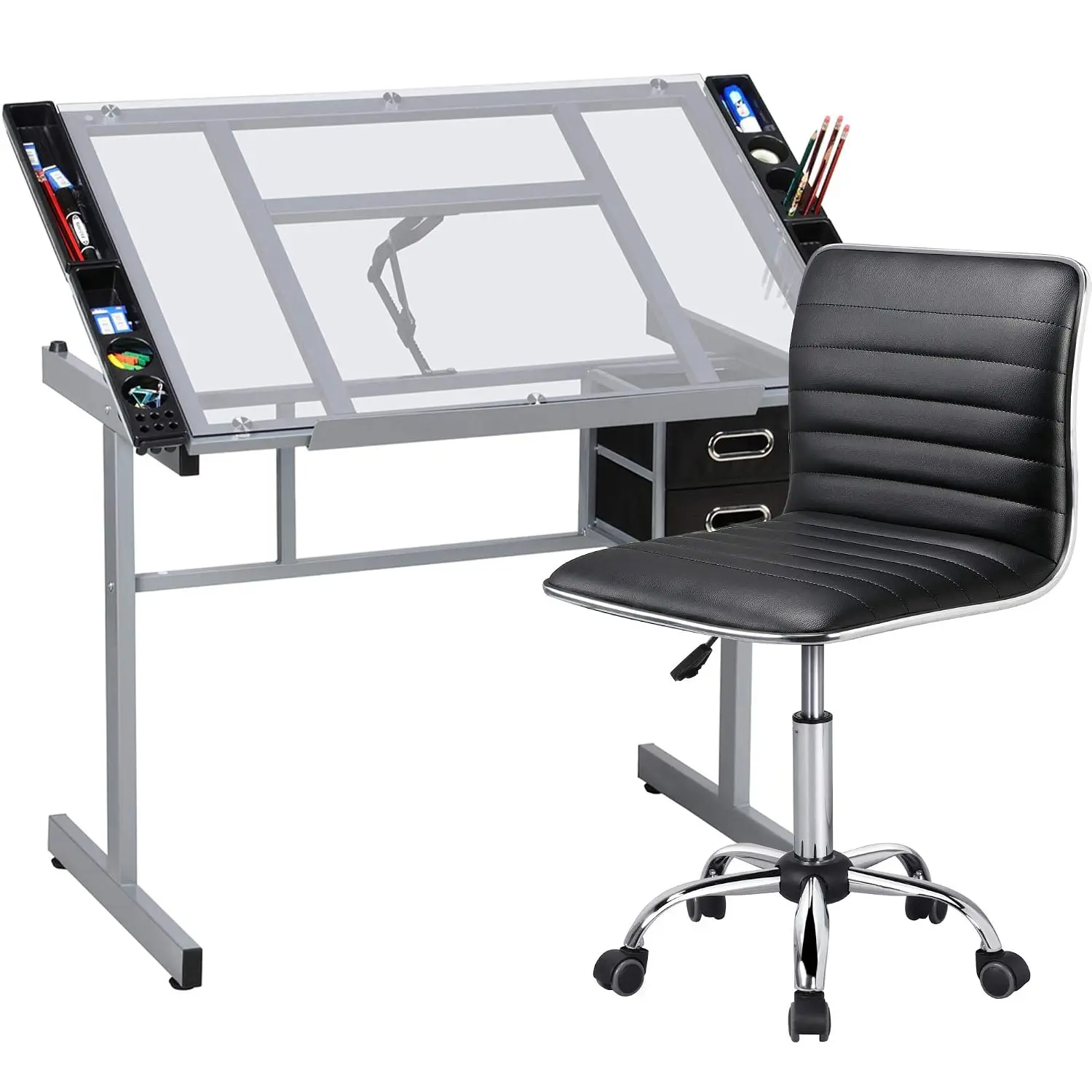 Height Adjustable Glass Drafting Table with PU Leather Chair for Home Office, Custom