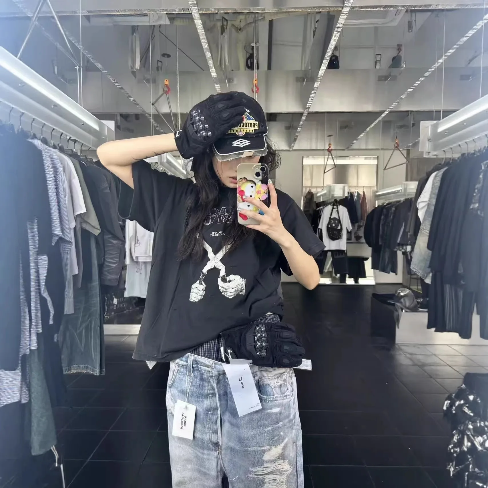 Grailz PROJECT G/R Washed Antique Knife-Scraped Torn Black Flag Band Leather Knife Short-Sleeved Casual T-Shirt Protocol Index