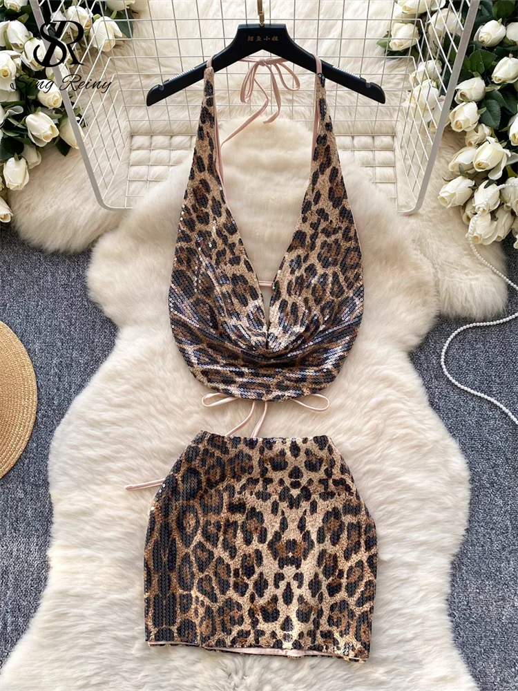 SINGREINY Fashion Clubwear Sexy Two Pieces Suits Halter Backless Mini Top+Bodycon Short Skirt Female Sequins Design Leopard Sets