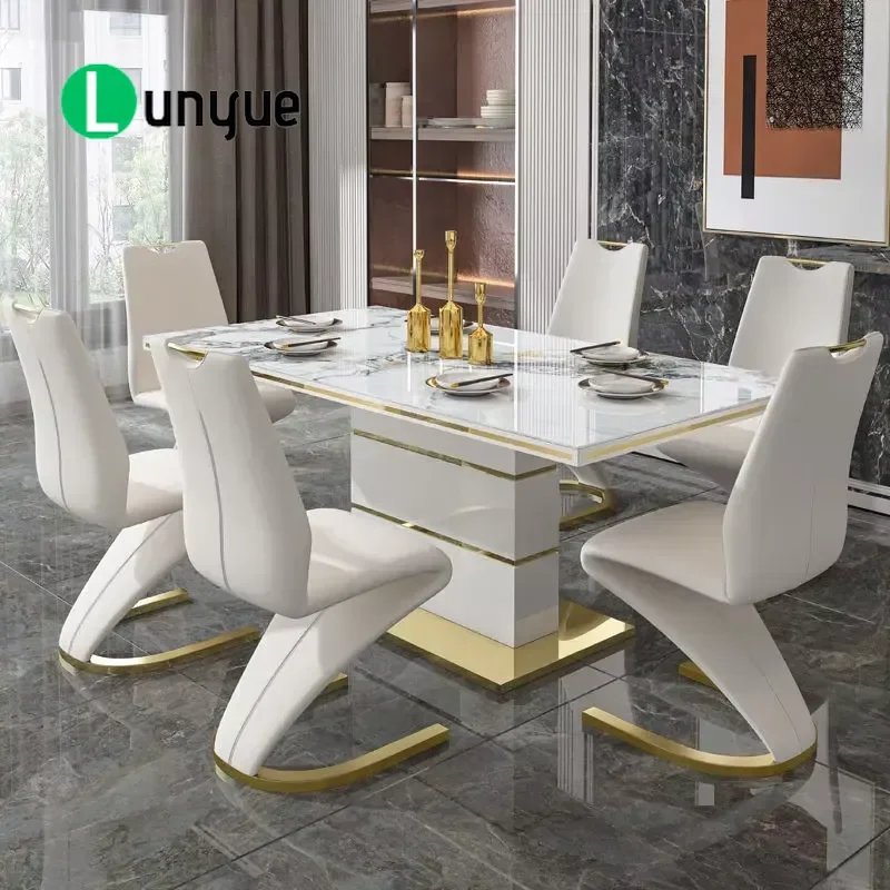 White Luxury Marble Dining Table Set 6 Chairs Sintered Stone Top With Gold Stainless Steel Base for Dining Room Furniture