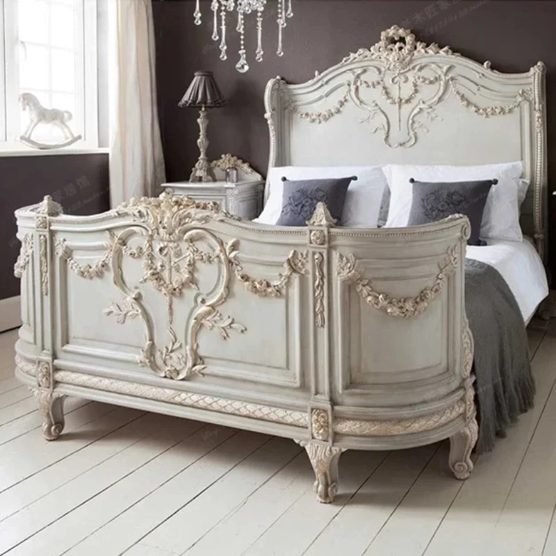 French Vintage Bed Wedding Solid Wood Design Confortable Twin Bed Master Bedroom Classic Full Body Cama De Casal Home Furniture