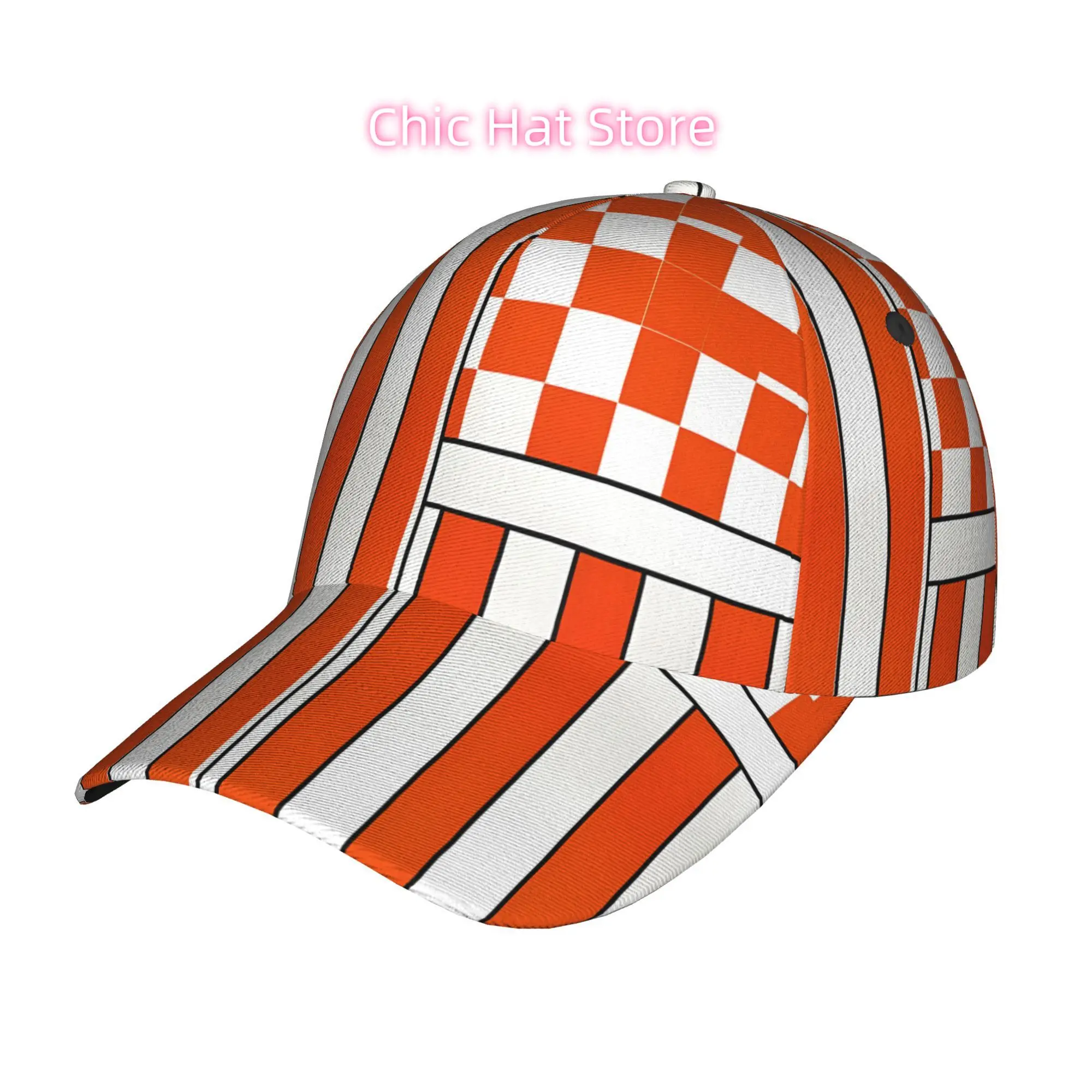 A Stylish Baseball Cap Featuring Orange And White Stripes Along with a Checkered Pattern, Designed with a Curved Brim. This Adju