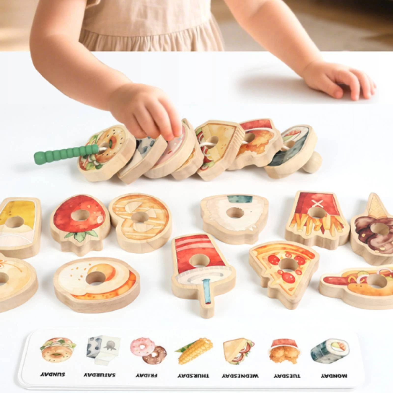 Food Threading Beads Hand-Eye Coordination Wooden Threading Beads Set Wooden Stringing Toy Toddler Lacing Toy with Cord Colorful