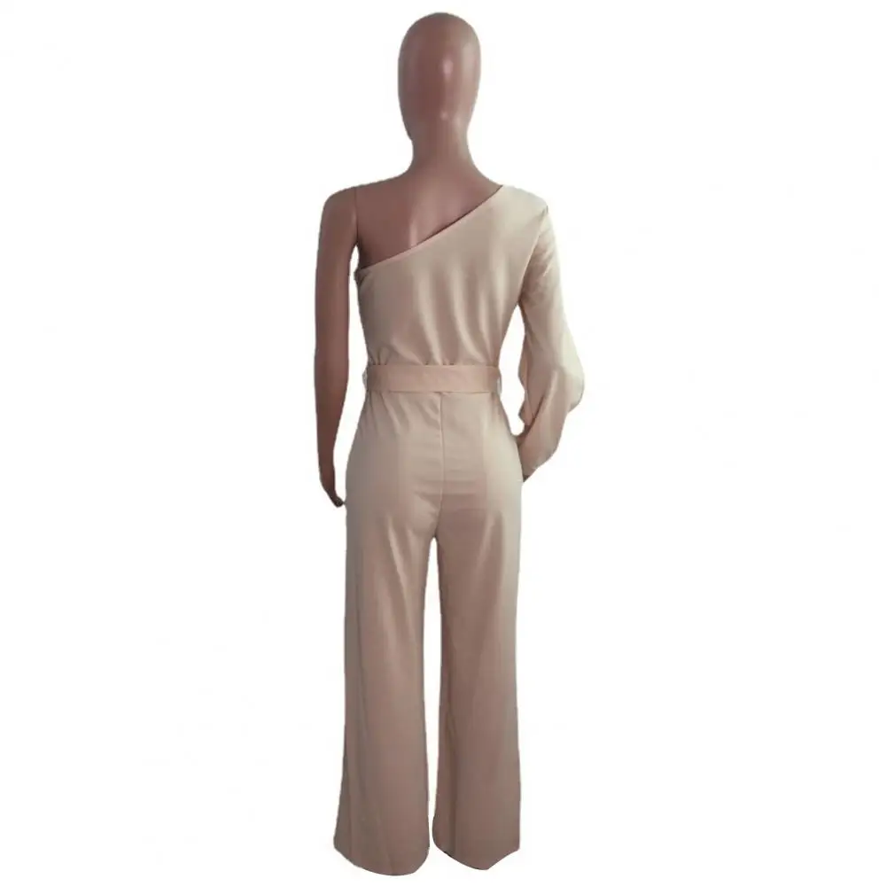 

Casual Summer Jumpsuit Elegant One Shoulder Wide Leg Jumpsuit with Slit Sleeve Belted High Waist Stylish Pure Color Hollow Out