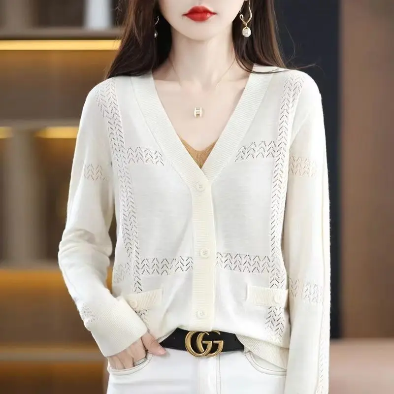 V-Neck Multiple Colour Casual Cardigan Spring Summer Single Breasted Thin Women's Clothing Knitting Outer Loose Straight Sweater