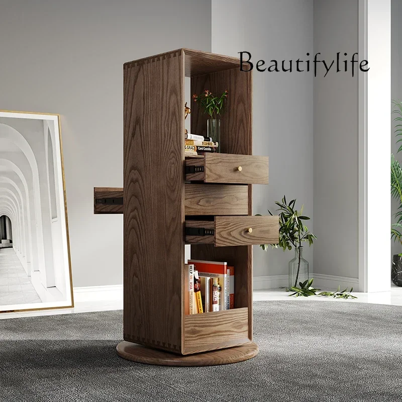 O Ash Wood Rotating Bookshelf 360 Degree Bookcase Household Simple Book Cabinet Living Room Storage Solid Wood Bookshelf
