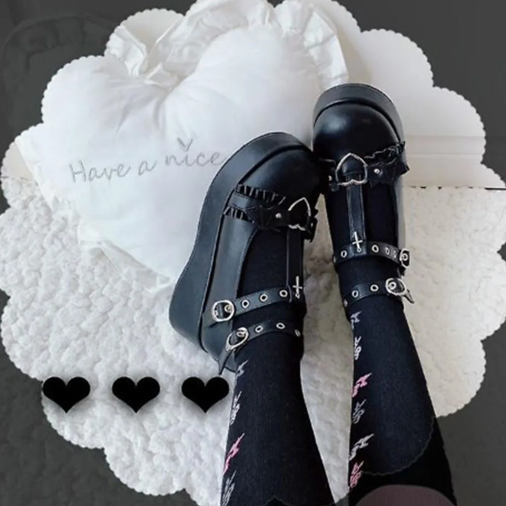 DoraTasia Fashion Black Gothic Round Toe Chunky Heel Ladies Mary Jane Cute Heart Party Nightclub Shoes Woman