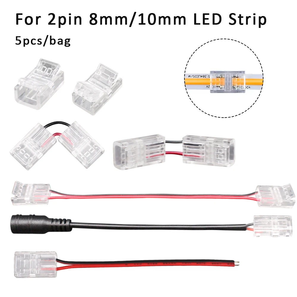 5pcs 2Pin 8mm 10mm LED Strip Connector Quick Wire Corner Connector Welding-Free for 2835 5050 SMD COB Flexible LED Strip Lights