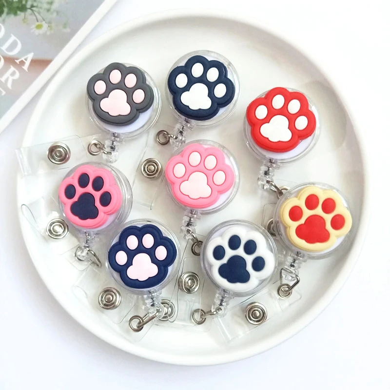High Quality Silicone Retractable Nurse Badge Reel Cute Cat Paw Name Tag ID Card Holder Keychains Lanyard Reel Clip Accessory