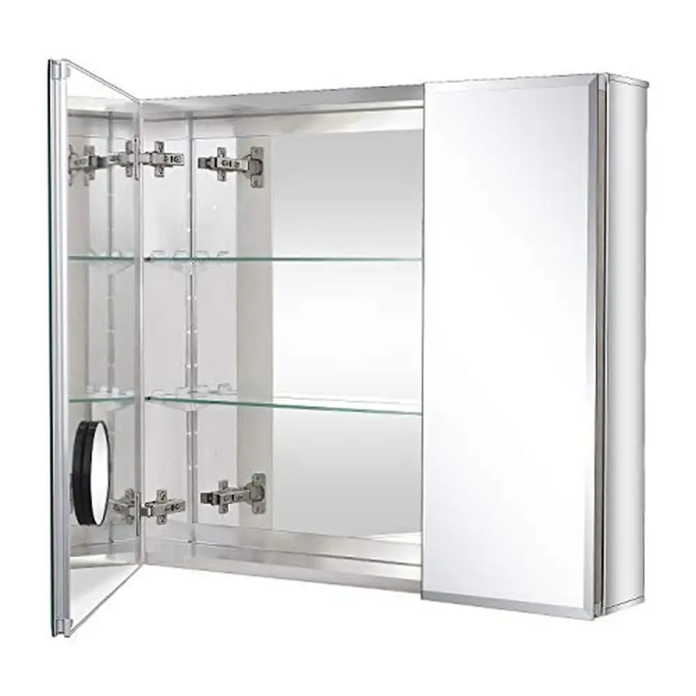 Aluminum Bathroom Mirror Medicine Cabinet 30x26 Inch Beveled Edge Double Sided Mirror Door with Adjustable Shelves and Soft