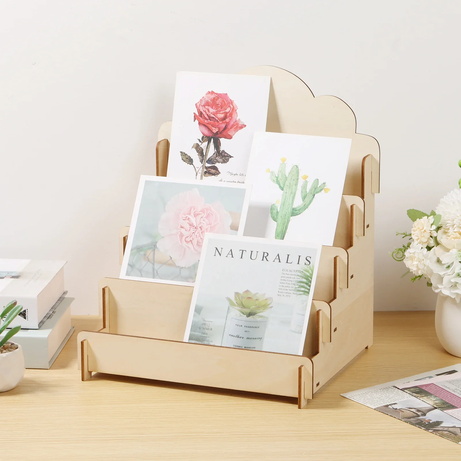 

4 Tiers Card Display Stand Multipurpose Book Postcard Greeting Card Display Stand DIY Personalize Decor Wood Slices Storage Rack
