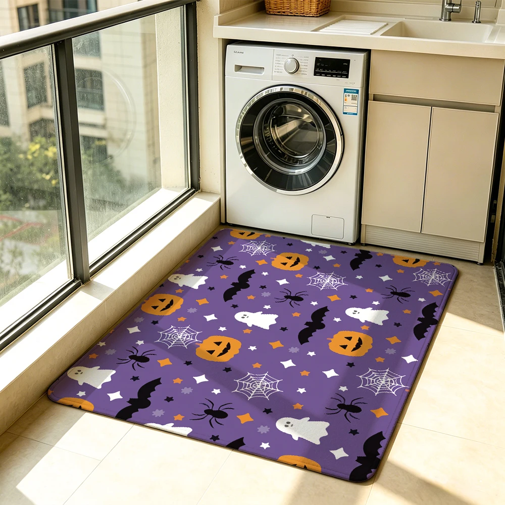 Halloween Pumpkin Ghost Bat Witch Felt Rug Living Room Spooky Non-Slip Floor Mat for Halloween Decor