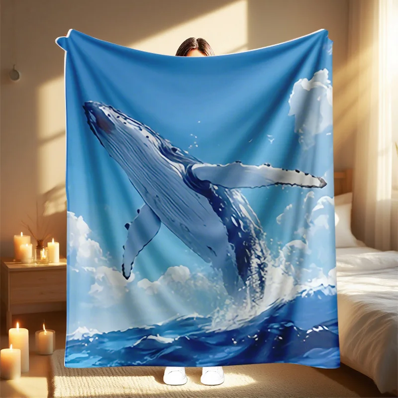 1pc Whale Print Blanket - Humpback Whale & Ocean Waves Design in Blue & Turquoise, All-Season Soft Lightweight Throw for Bed