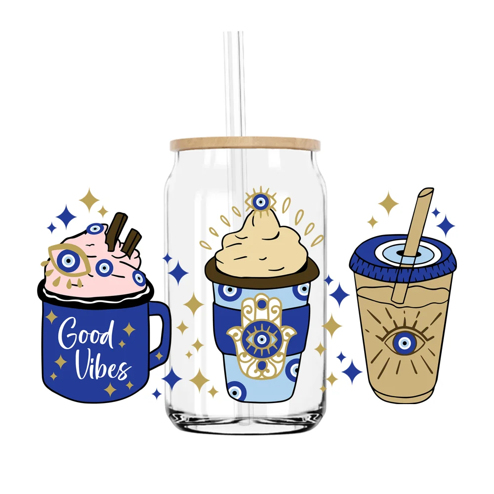 Evil Eye 16OZ UV DTF Cup Wrap Transfers Stickers Custom Labels DIY Durable Waterproof Logo For Libbey Glass Can